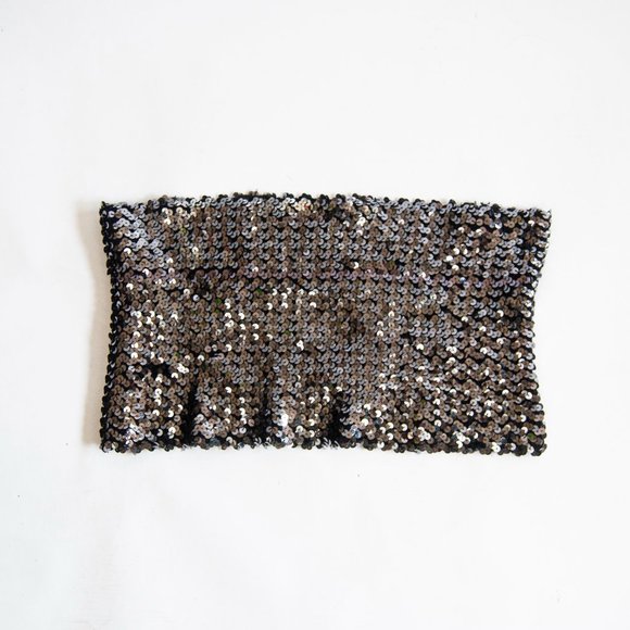 80s black sequin bandeau l xl extra large / black sequin top / sleeveless party - Picture 1 of 5